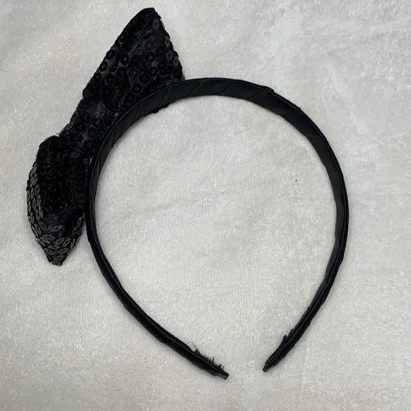 Black Sequin Bow Headband Satin Wrapped Coquette Hair Accessory One Size - Image 5