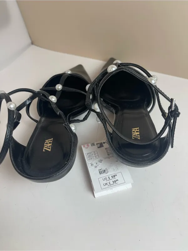 Zara Black Pearl Strappy Kitten Heel Pointed Toe Pumps NWT Size 9 / EUR 40 - Image 4