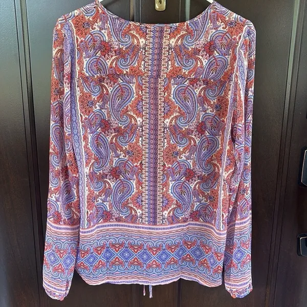 EUC ecru Paisley Print Drawstring Hem Blouse Large - Image 8