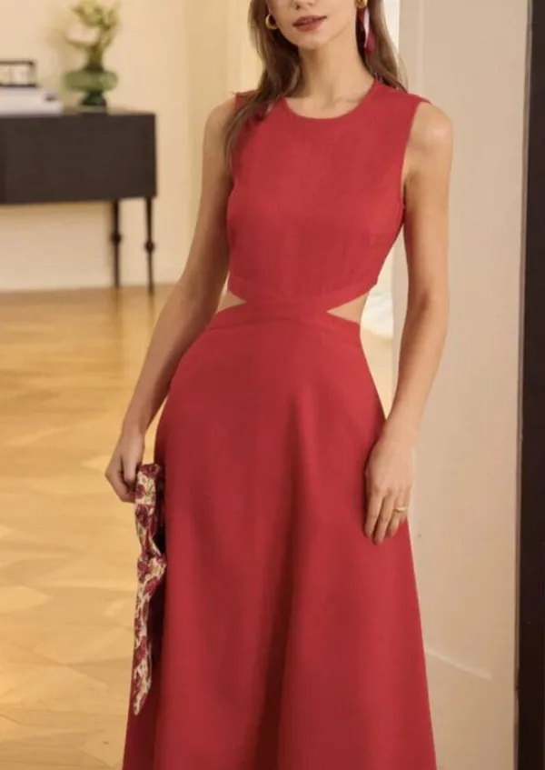 RIHOAS The Red Round Neck Cut-Out Midi Dress 3 - Image 4