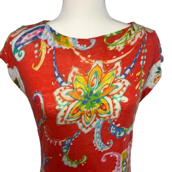 Lauren Ralph‎ Lauren Red Floral Paisley 100% Linen Shift Dress Womens S tropical - Image 5