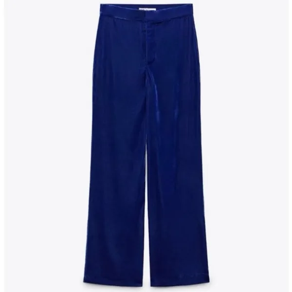Zara Blue Velvet Velour High Waist Wide Flared Leg Crop Ankle Trousers Pants S - Image 5
