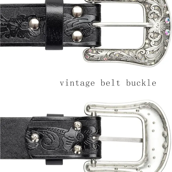 Eohak Western-Belt-for-Women-Cowgirl, PU-Leather with Vintage-Carved-Buckle - Image 2