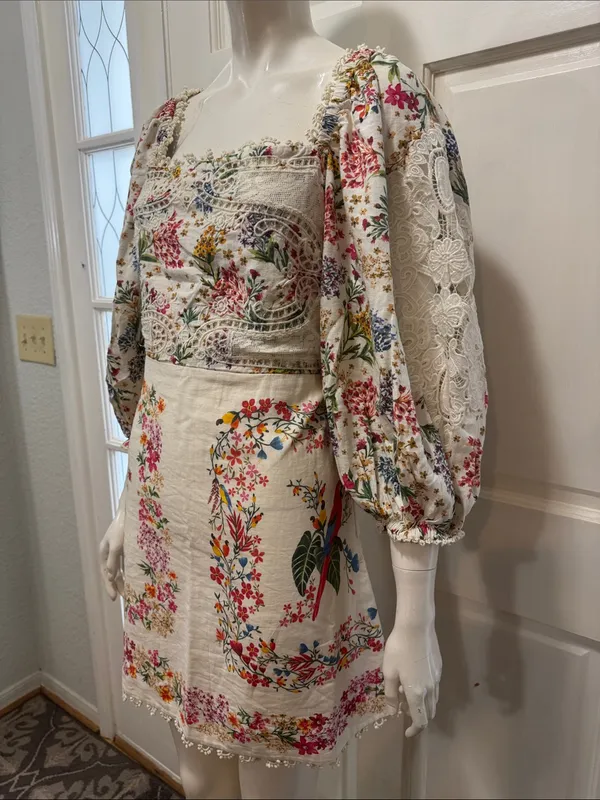 FARM Rio Delicate Forest Scarves Lace Intricate Mini Dress Viscose Blend SZ M 🌿 - Image 10