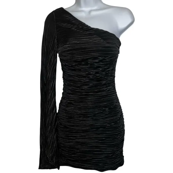 LUCY IN THE SKY Black One Shoulder Mini Dress‎ With Long Sleeve EUC Medium - Image 2