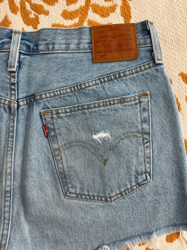 Levi's 501 Blue Distressed Jean Shorts with Frayed Hem - Image 4