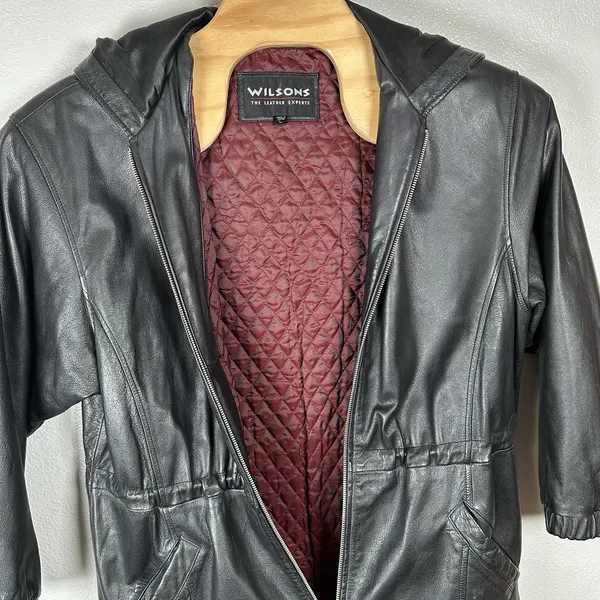 Wilsons‎ Leather Black Long Full-Zip Hooded Jacket Womens Size Large Cinch Waist - Image 4