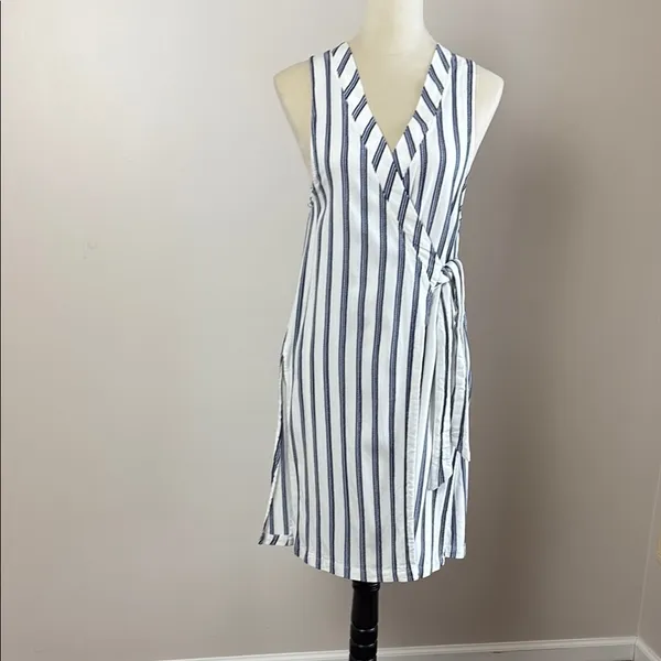 Free People Tuxedo Stripe Wrap Dress Sleeveless‎ Blue Side Slit Size XS - Image 3