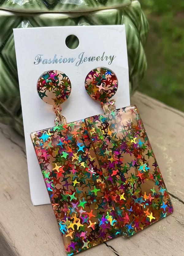 Multicolored Star Resin Rectangle Drop Earrings - Image 8