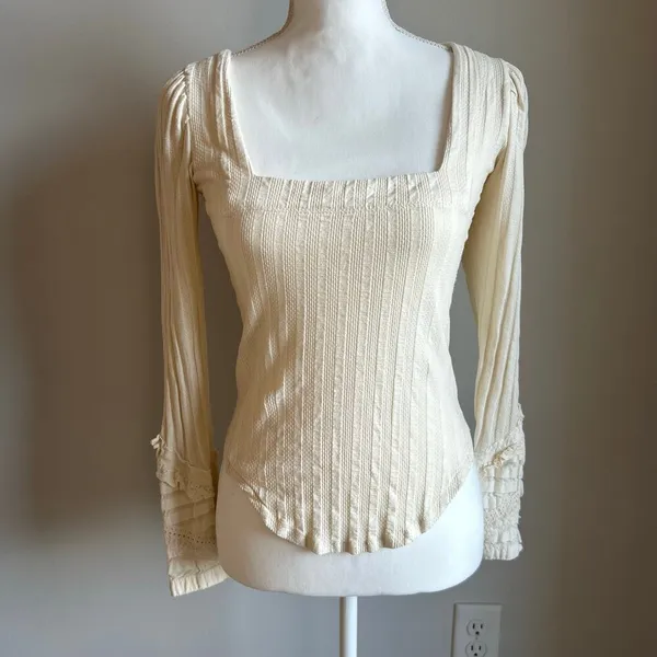 Free People Cottagecore Cream Ribbed Lacey Longsleeve Blouse Size Extra Small - Image 2