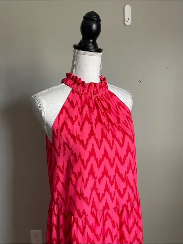 UMGEE | Hot Pink Chevron Print Tiered Halter Maxi Dress Sz S - Image 5
