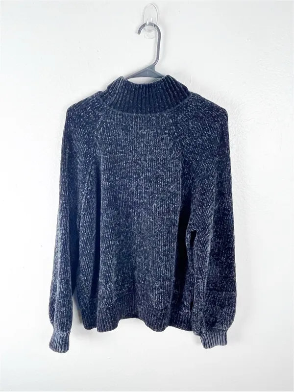 LOFT Black Wash Chenille Mock Neck Long Sleeves Sweater Size Large Cozy Casual - Image 2