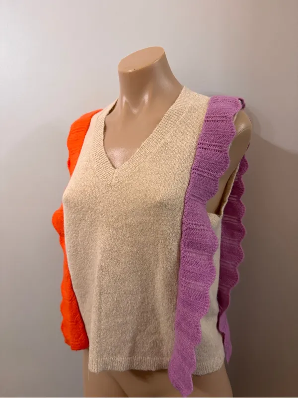 THML Sweater Vest Ruffles Orange Purple Large V Neck - Image 3