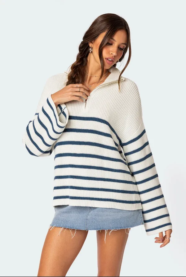 Edikted White Quarter-Zip Blue Striped  - Image 3