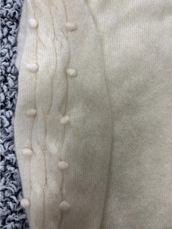 100% Cashmere Sweater Women Size S Cream Cable Knit Pom Pom Beaded Luxury - Image 8