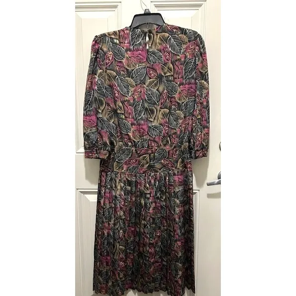 Vintage Alexis‎ Fashions Pink Black Drop Waist Pleated Midi Dress 80s Size Small - Image 2