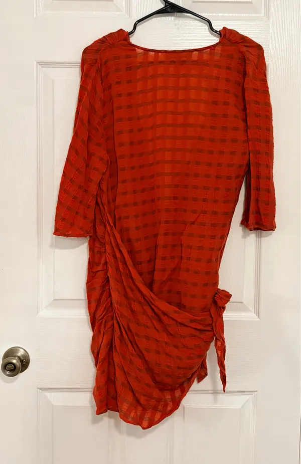 Zara Rust Orange Plaid Wrap Tie Mini Dress Deep V Boho Festival Cottage Peasant Size M - Image 3