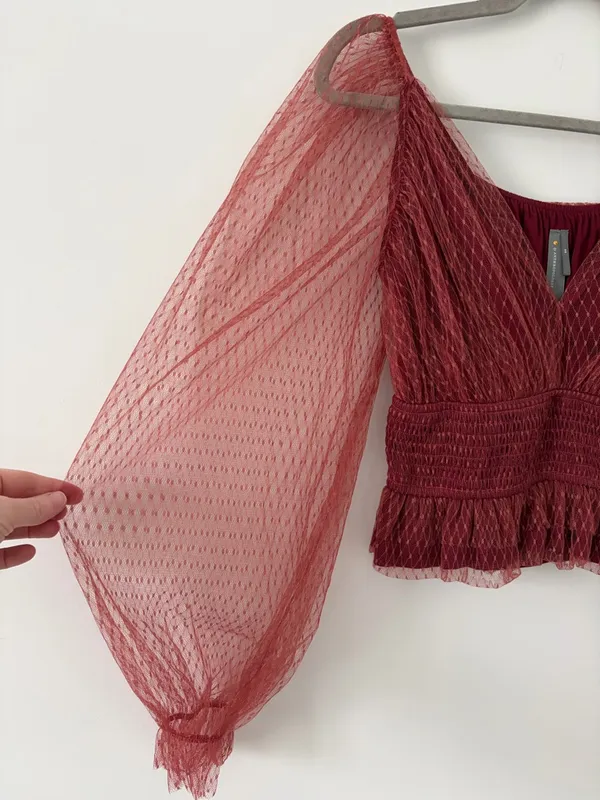Anthropologie Tulle V Neck Blouse Bordeaux Red Sheer Smocked Peplum Top XS - Image 4
