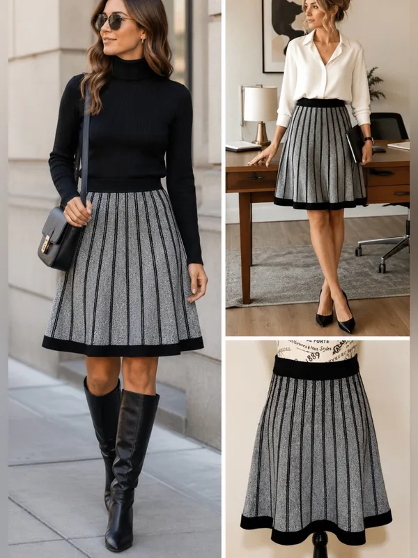 ALC Frank 💥Black Gray Marled Knit A-Line Flare Knit Skirt Pull-On Stretch Size S💛 - Image 2