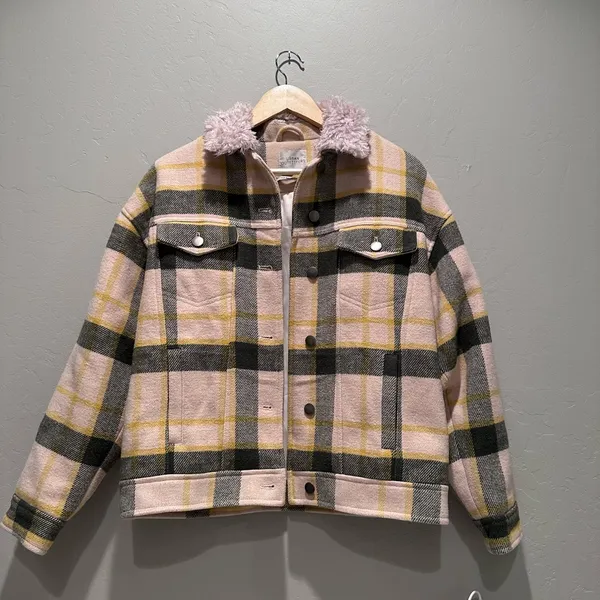 Urban Outfitters Green Yellow Cream Plaid Sherpa Collar Trucker Jacket‎ Sz Small - Image 10