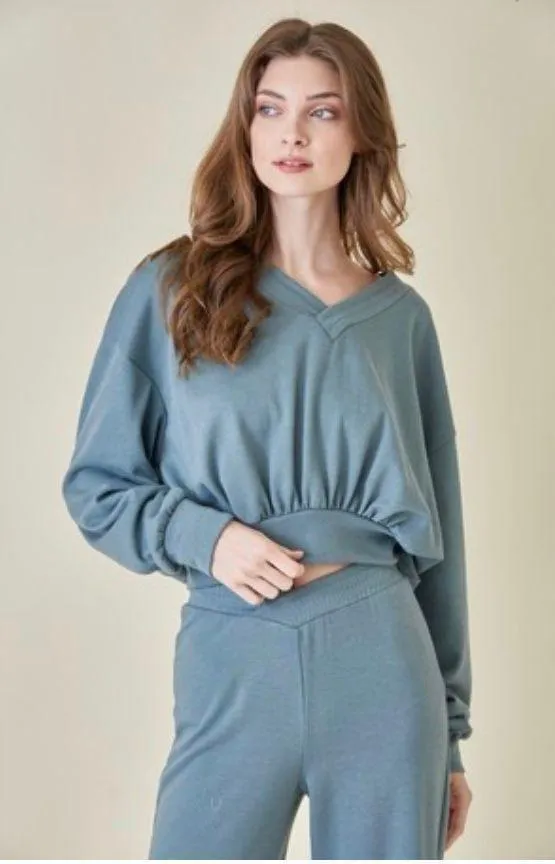 Boutique Matching V Neck Cropped Teal Lounge Set - Image 6