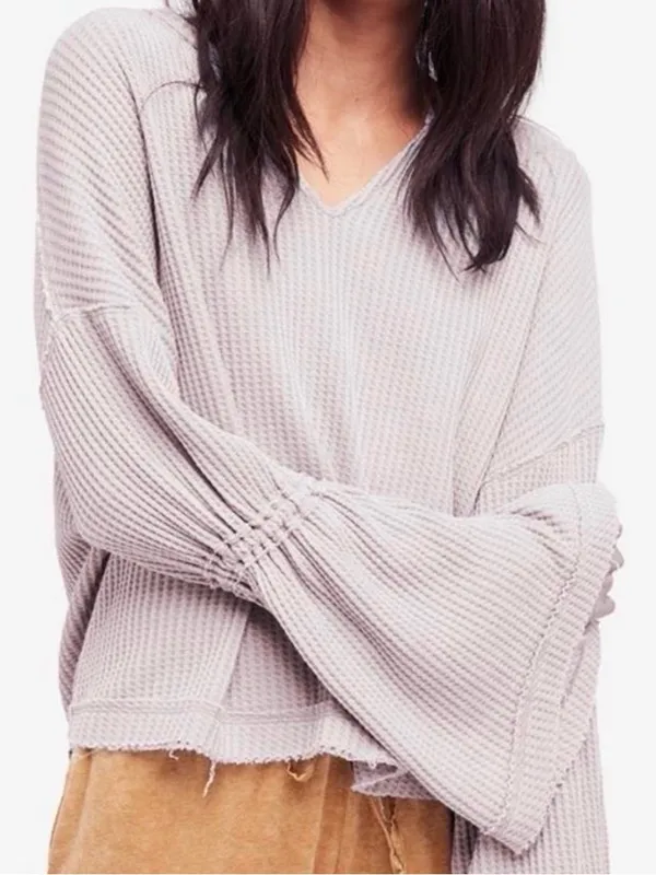 Free People Dahlia thermal boho raw hem relaxed oversized bell sleeve top NWT S - Image 2
