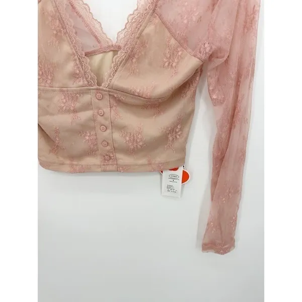 Cider Pink Lace Long Sleeve Crop‎ Top Button Front Size M Witchy Fairy Romantic - Image 3