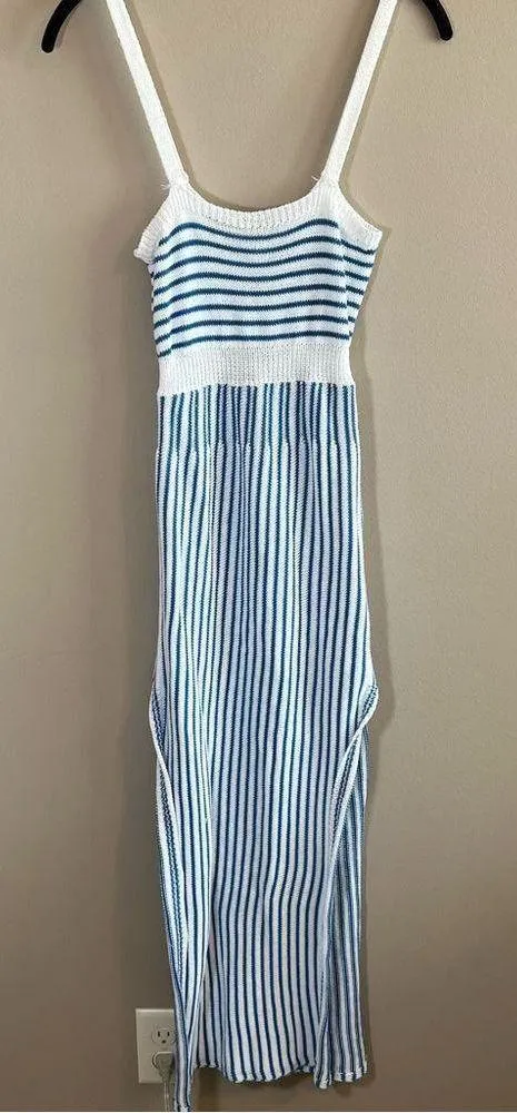 Women’s Blue White Striped Knit Cut Out Dress Small - Image 5
