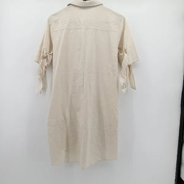 She + Sky Beige Linen Blend Tie Sleeve Button Front Mini Shirt Dress SL9512 S - Image 2