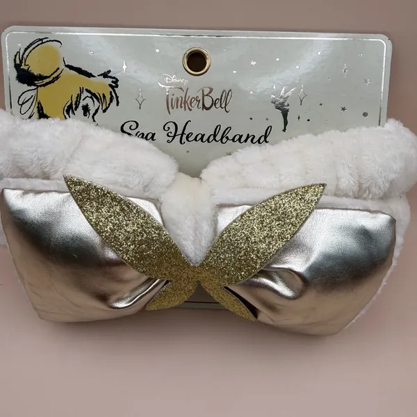 Disney Tinker Bell Spa Headband‎ White Plush Gold Glitter Bow Taste Beauty - Image 3