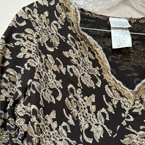 Moda Vintage Black Gold Lace Top Y2K Going Out Sheer Long Sleeve Large - Image 5