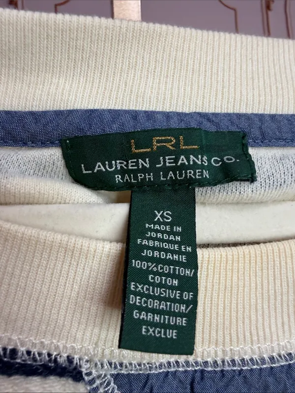 Lauren Ralph Lauren Navy Cream Striped Pullover Sweatshirt Drawstring Hem XS - Image 3