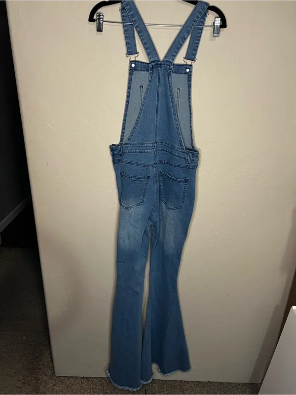Pink Lily Flare Bell Bottoms Raw‎ Hem Boho Overalls - Image 6