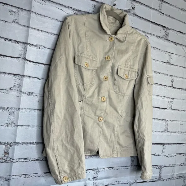 Jones New York Tan Utility Button-Up Collared Jacket Tailored SZ 12 Cargo Field - Image 2