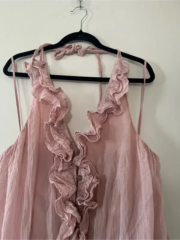 Free People Pink 100% Cotton Lace Ruffle Tunic Top Medium Romantic Cottagecore - Image 2