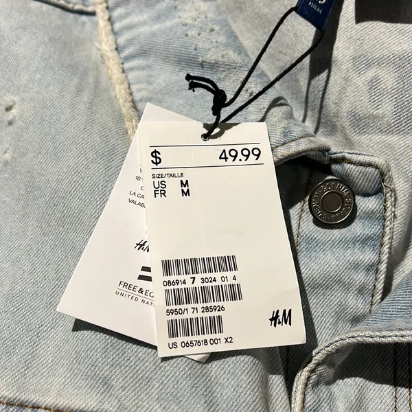NWT H&M Denim Vest with Printed Design Distressed Denim Vest M - Image 5