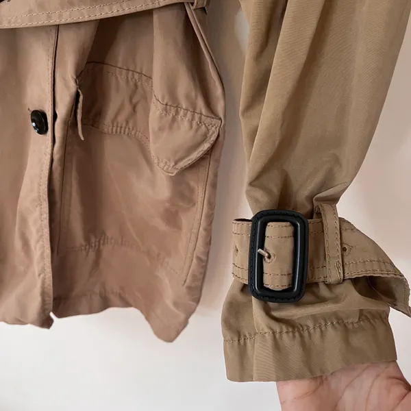 Belted Double Breasted Short Trench Coat Jacket Classic Camel Beige - Image 4