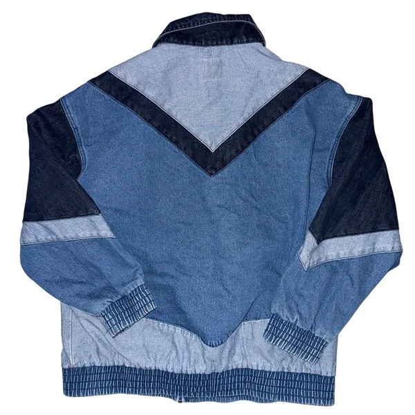 Wild Fable Retro Streetwear Colorblock Denim Bomber Jacket Sz large Blue Chevron - Image 2