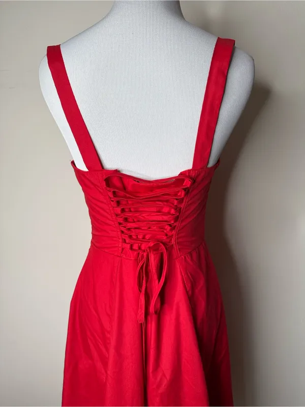 Peiran Red Cottagecore Corset Tie Front Midi Dress - Image 6