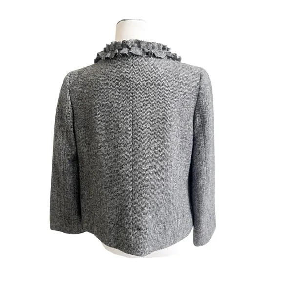 J Crew SZ 4 Women’s Cheshire Ruffle Tie Neck Jacket in Black/White Herringbone - Image 2