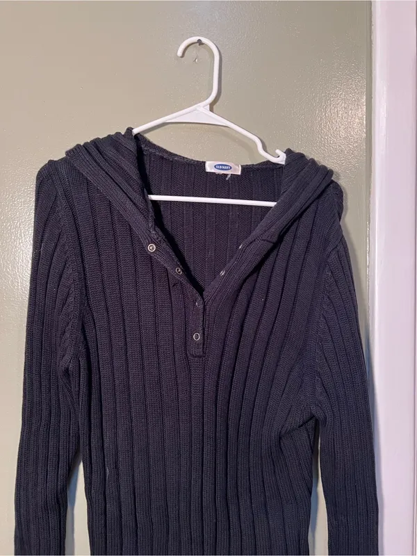 Old Navy Womens Ribbed Hooded Henley Sweater Black Half Snap Stretch Long Sleeve - Image 2
