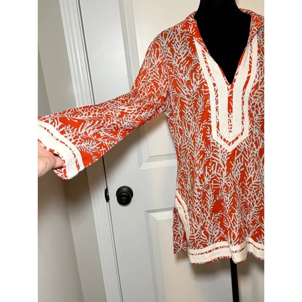 Tory Burch Orange Coral Print Cotton Tunic Top Herringbone Trim Size 8 - Image 2