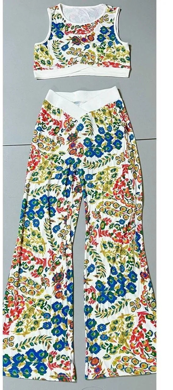 Cider White Floral Crop Top and Pants Matching Set 🌷 - Image 2