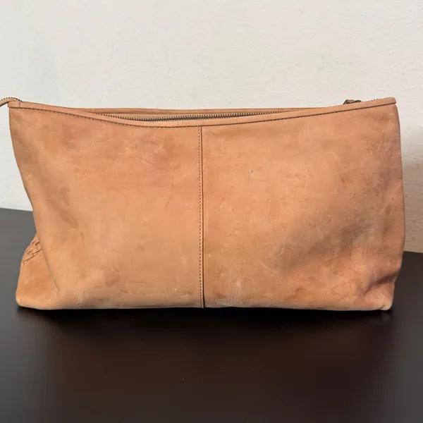 Lucky Brand Woven Leather Clutch Women Large Tan Bohemian Zipper Pouch - Image 16