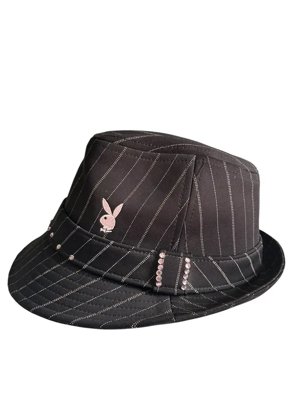 Y2K Playboy Fedora Pink Rhinestone Pinstriped Size L/XL Bling 2000s Grunge Bimbo - Image 8