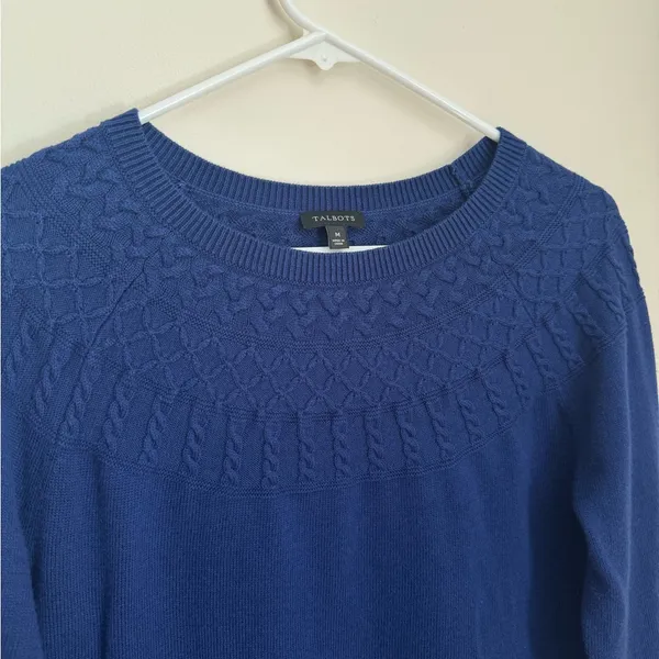 Talbots Cable Yoke Cotton Cashmere Blend Sweater Navy Size Medium Pullover - Image 3
