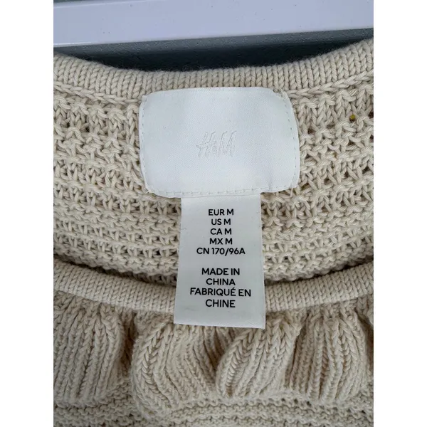 H&M Womens Sweater Top Beige Ruffle Neck Short Sleeve Knit Medium - Image 5