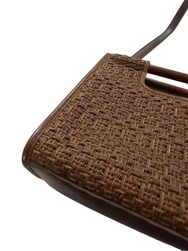 Fossil 75082 Brown Woven Raffia Tote Wood Handle Crossbody Bag One Size Women's - Image 9