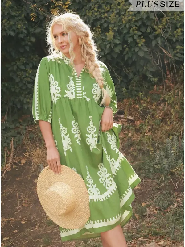 New! Umgee Plus Size Green Cream Abstract Midi Dress Size 2X - Image 6