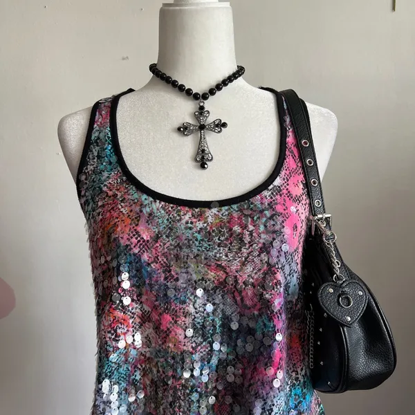 Pink Sequin Tank Top, Mermaidcore,‎ Coquette, Rave, Baddie, Retro, Medium - Image 3